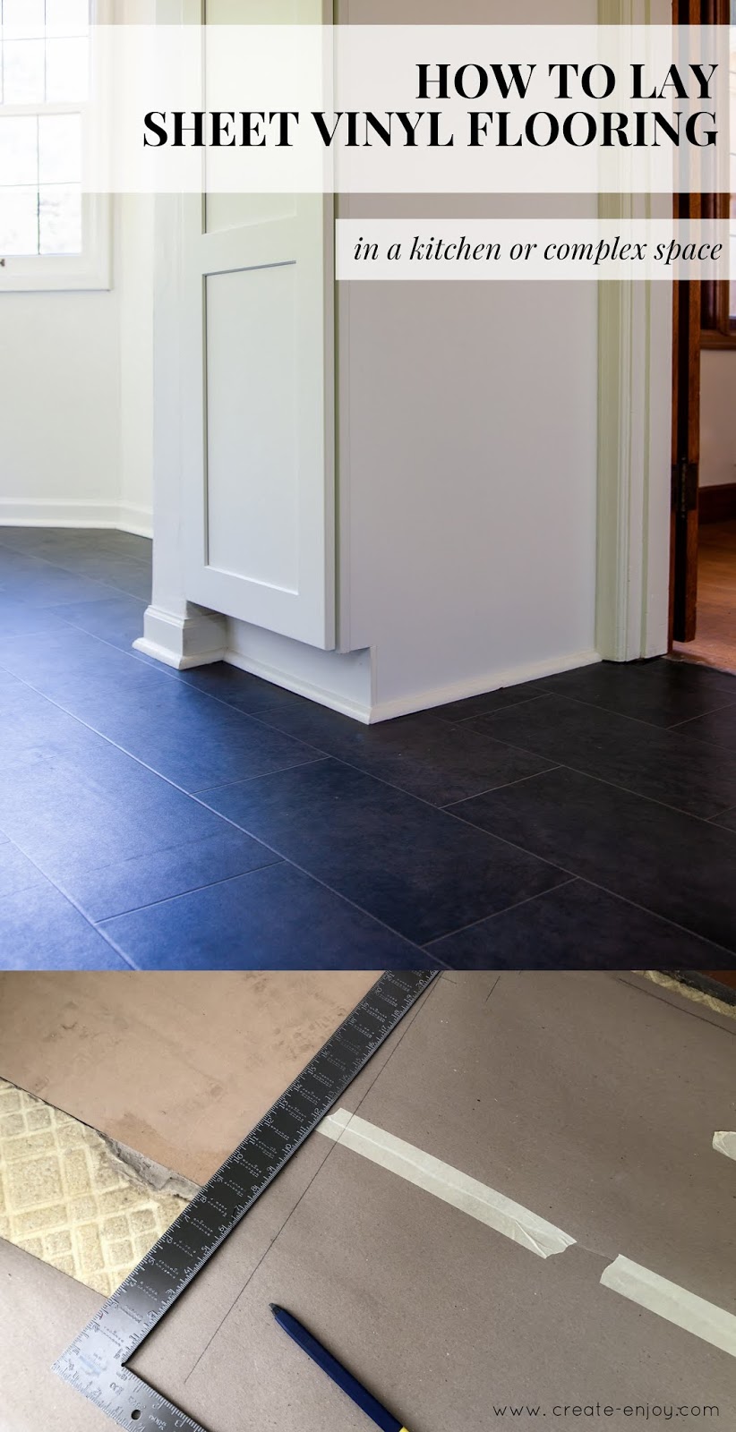 How to lay sheet vinyl flooring in a complex, larger space. Our DIY kitchen  reno slate-look vinyl / Create / Enjoy